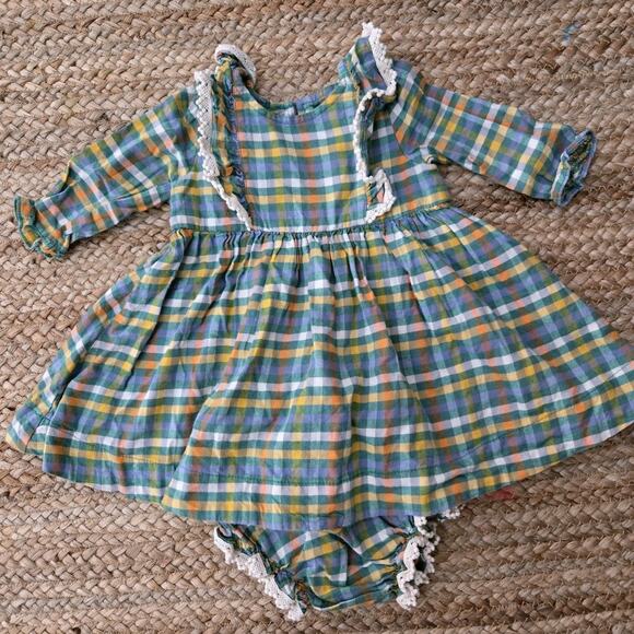 Pink Chicken‎ Dress Cotton Green Ruffles Country 3-6mos Boho Long Sleeves - Picture 2 of 7